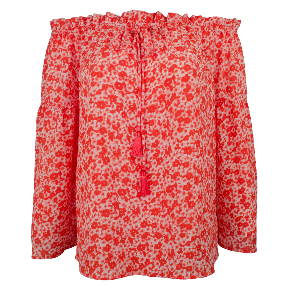 Michael Kors Women's Patterned Off-The-Shoulder Bell Sleeve Tassel Top-W-XS